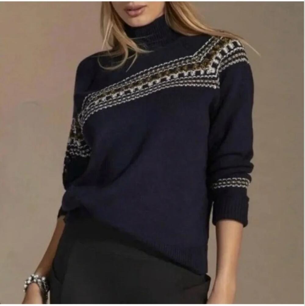 CABI Fair Isle Pullover Sweater Diagonal Zip Ribbed Mock Collar Navy #4231 - XL